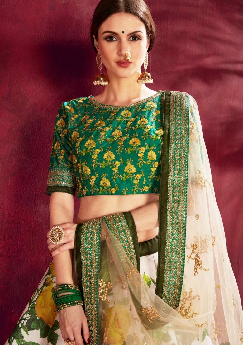 Cream Green Floral Print Silk Blend Lehenga Set - Indya