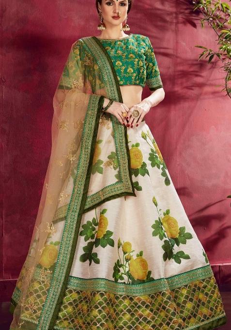 Cream Green Floral Print Silk Blend Lehenga Set