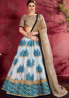 Cream Blue Floral Print Silk Blend Lehenga Set