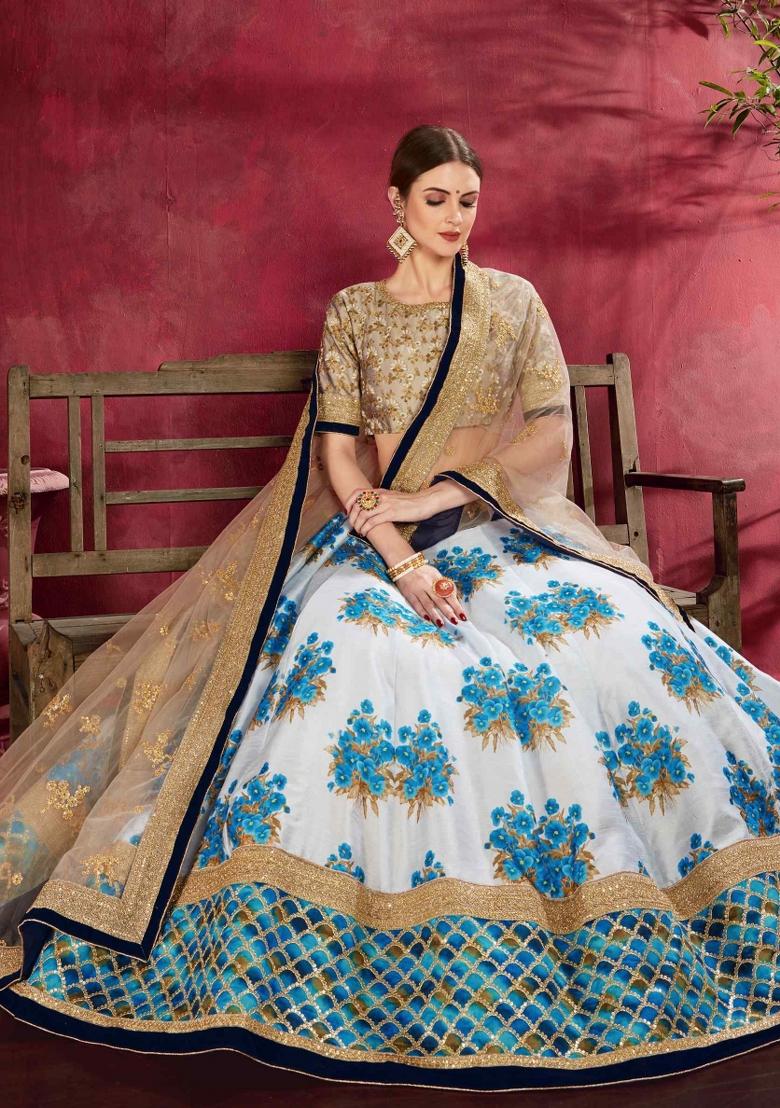 Cream Blue Floral Print Silk Blend Lehenga Set - Indya