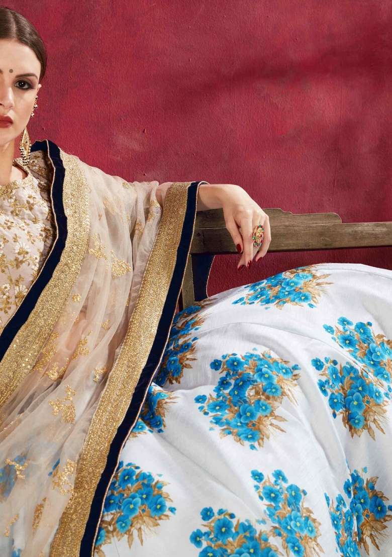 Cream Blue Floral Print Silk Blend Lehenga Set - Indya