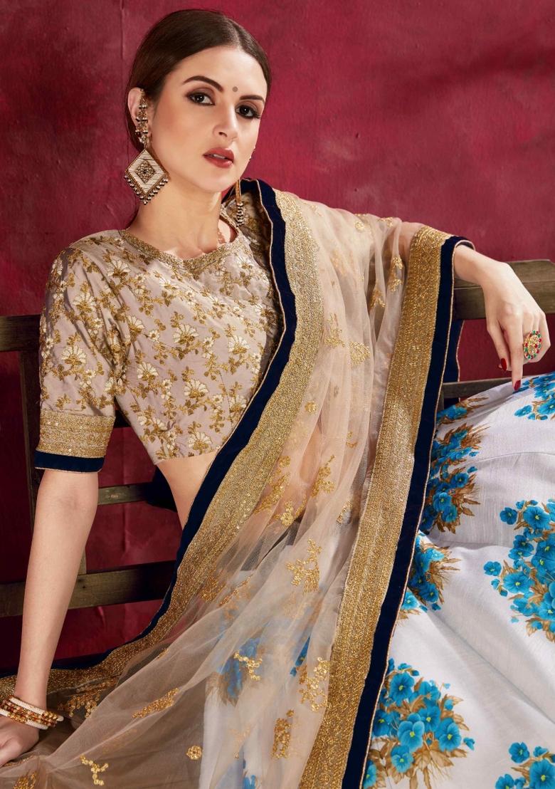 Cream Blue Floral Print Silk Blend Lehenga Set - Indya