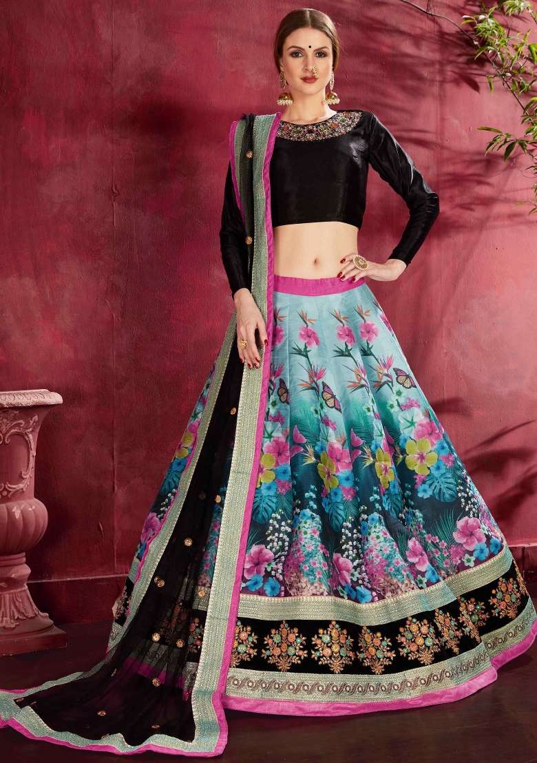 Blue And Black Floral Print Silk Blend Lehenga Set - Indya