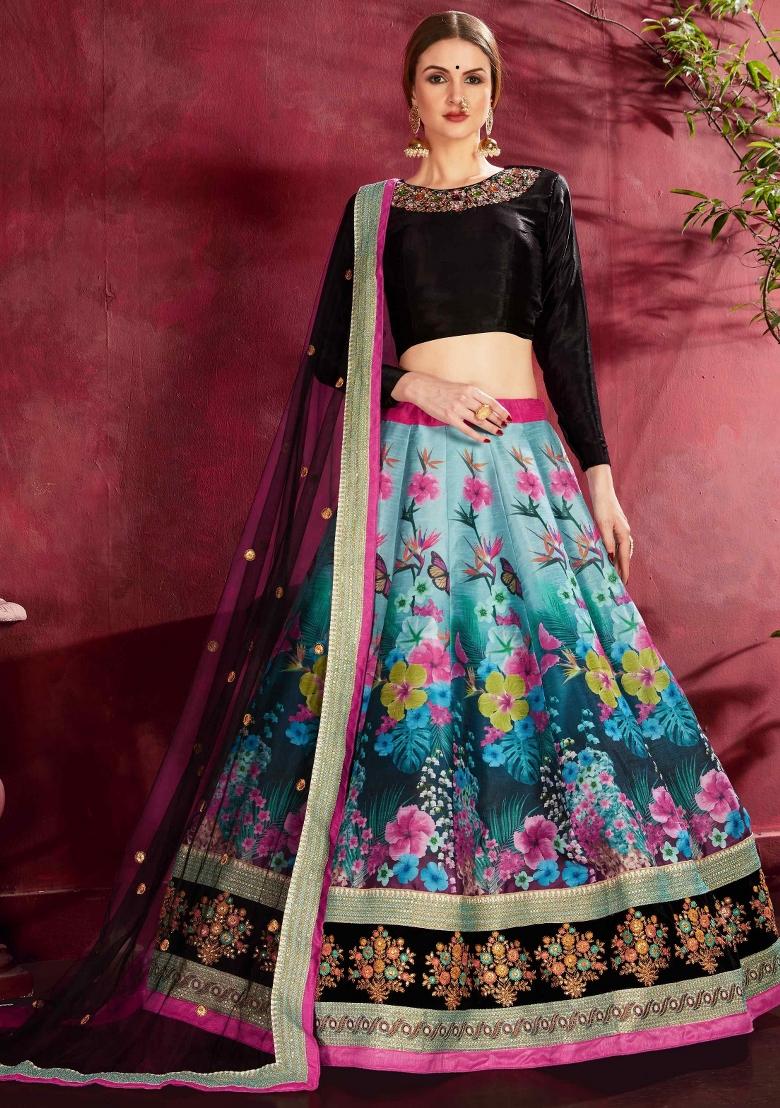 Blue And Black Floral Print Silk Blend Lehenga Set - Indya