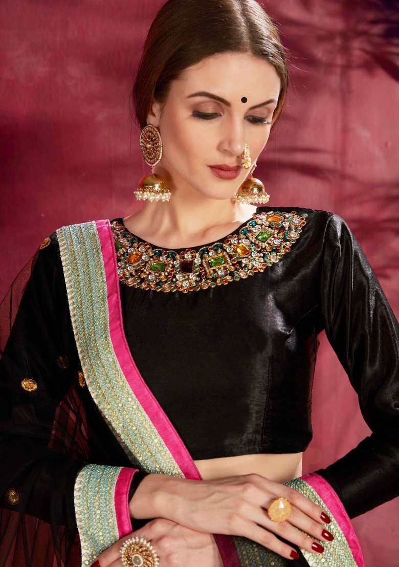 Blue And Black Floral Print Silk Blend Lehenga Set - Indya