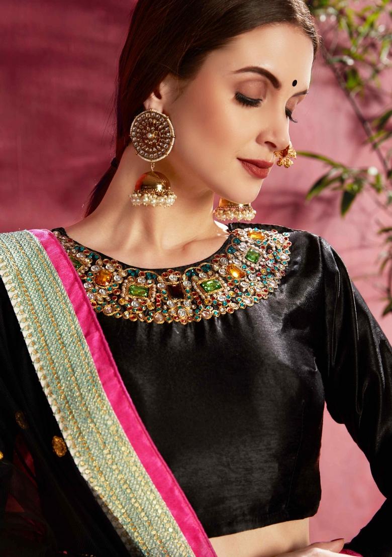 Blue And Black Floral Print Silk Blend Lehenga Set - Indya