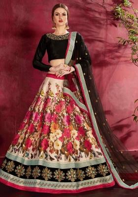Red And Black Floral Print Silk Blend Lehenga Set