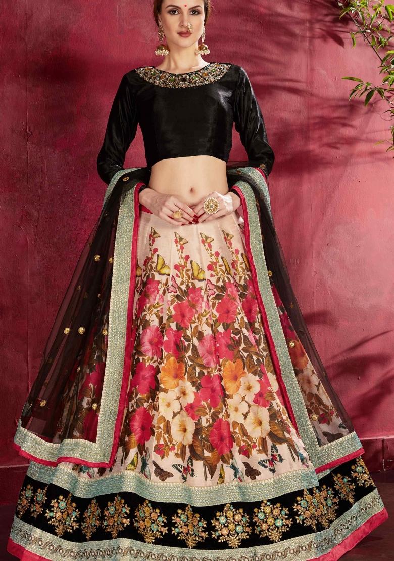 Red And Black Floral Print Silk Blend Lehenga Set - Indya