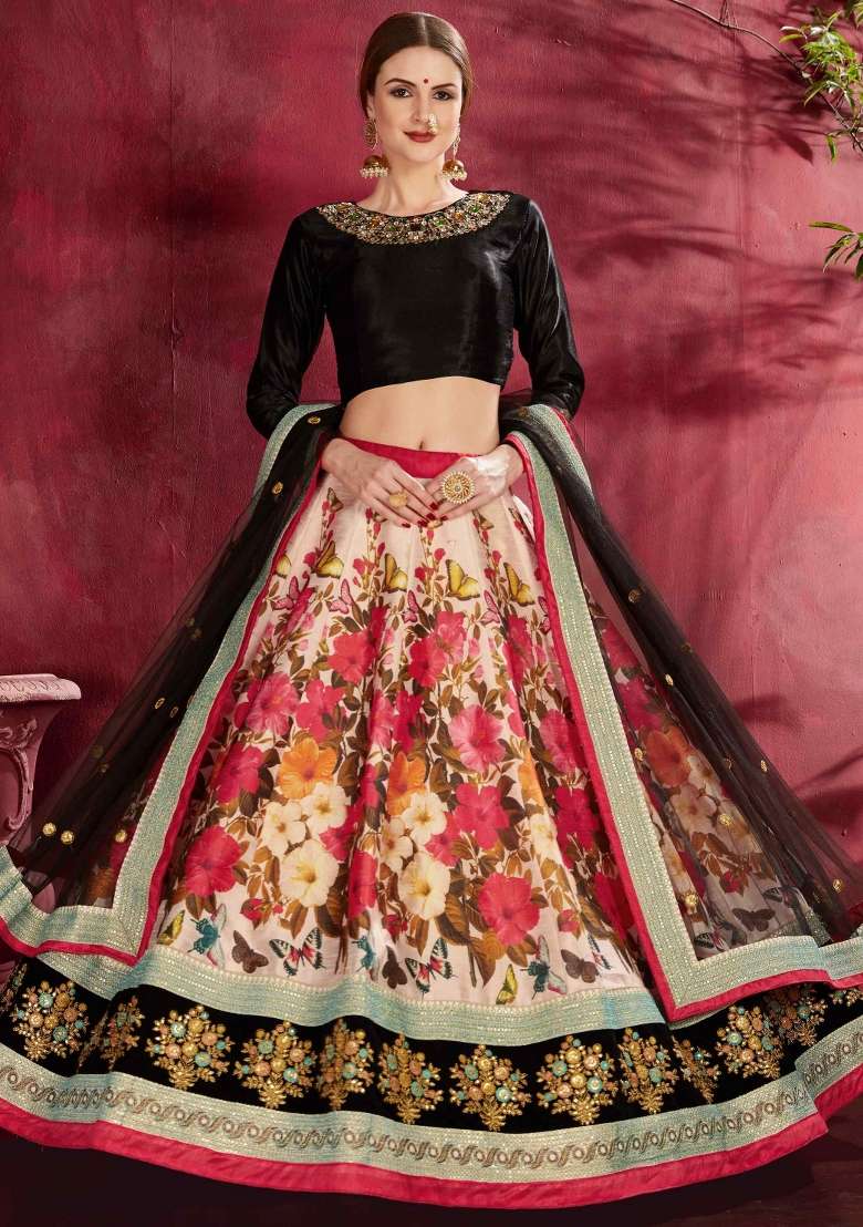 Red And Black Floral Print Silk Blend Lehenga Set - Indya