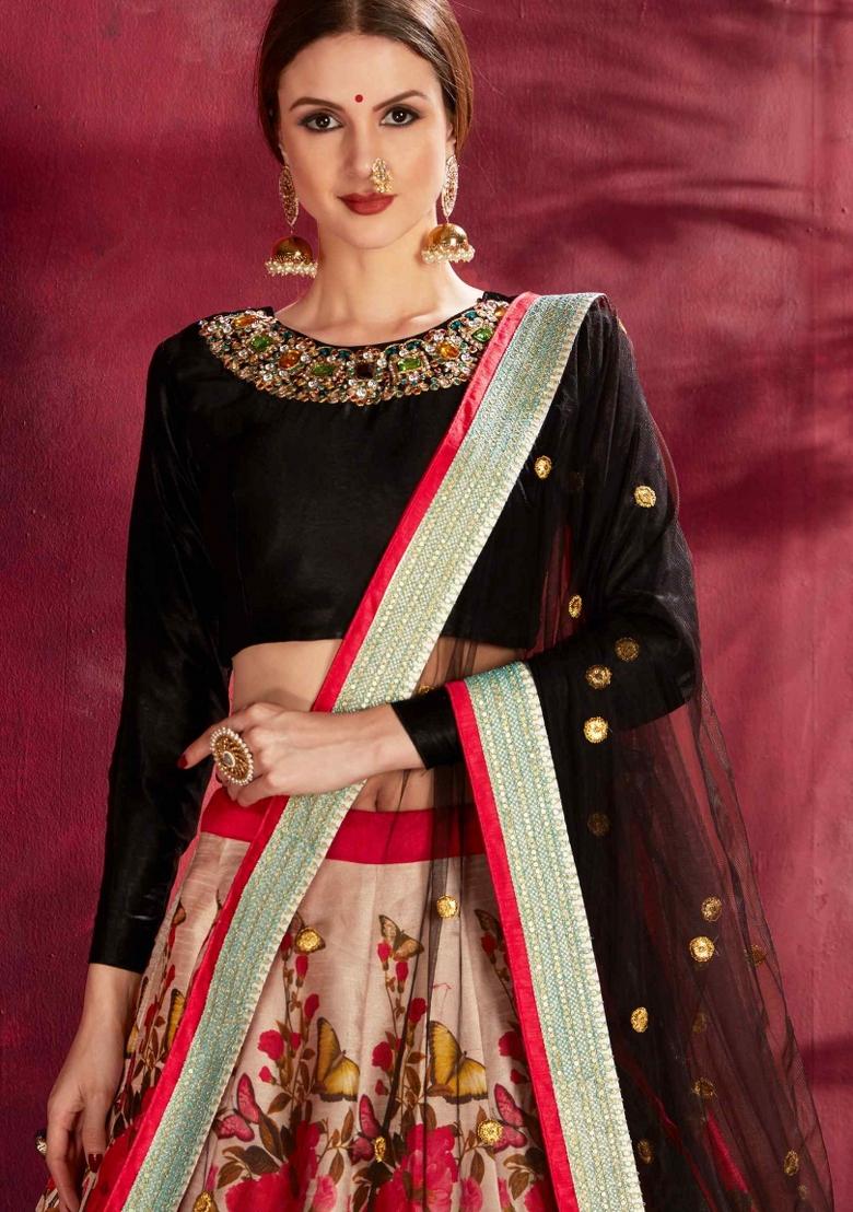 Red And Black Floral Print Silk Blend Lehenga Set - Indya