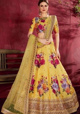 Yellow Floral Print Silk Blend Lehenga Set