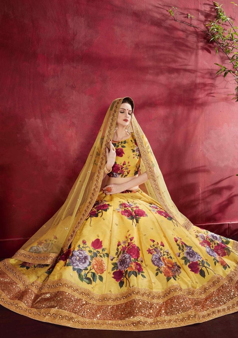 Yellow Floral Print Silk Blend Lehenga Set - Indya