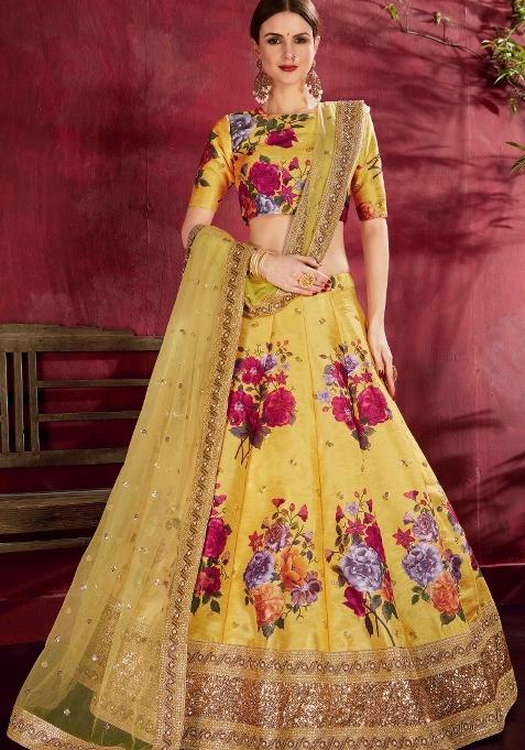 Yellow Floral Print Silk Blend Lehenga Set