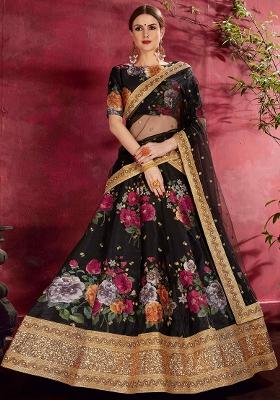 Black Floral Print Silk Blend Lehenga Set