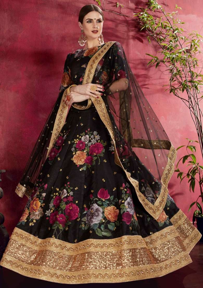 Black Floral Print Silk Blend Lehenga Set - Indya
