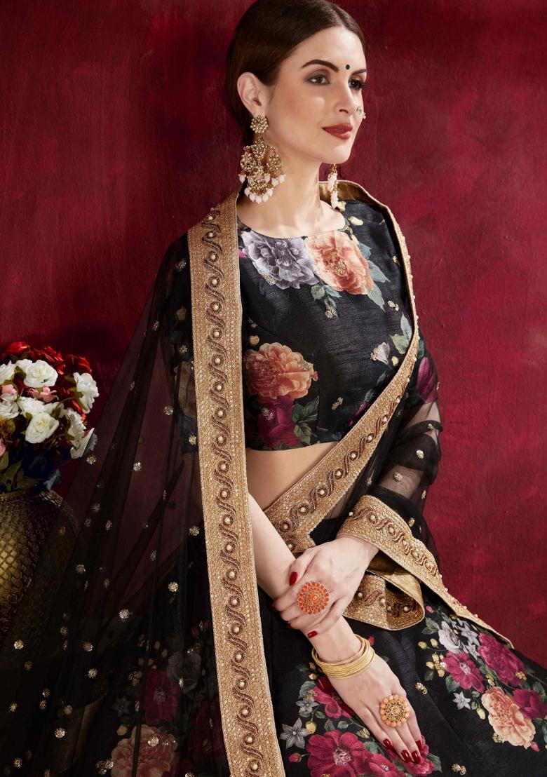 Black Floral Print Silk Blend Lehenga Set - Indya
