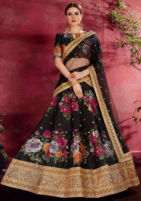 Black Floral Print Silk Blend Lehenga Set