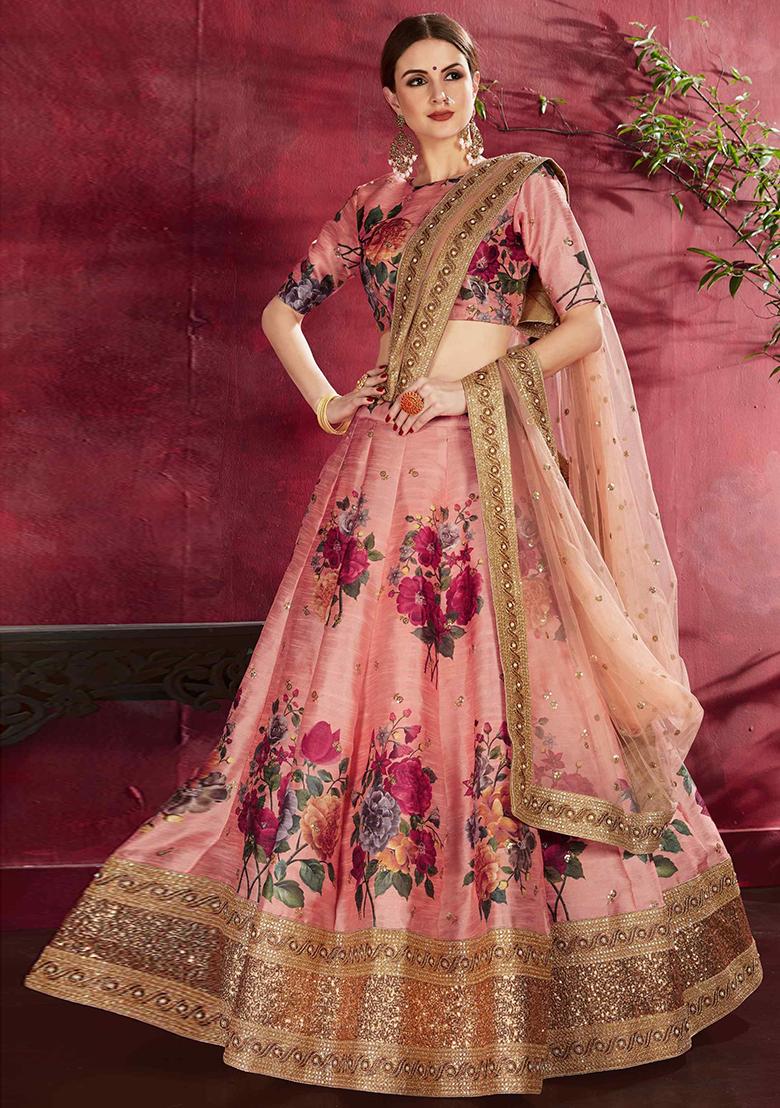 Peach Floral Print Silk Blend Lehenga Set - Indya