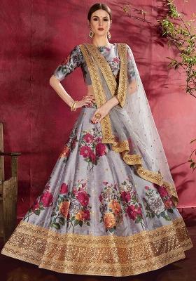 Grey Floral Print Silk Blend Lehenga Set