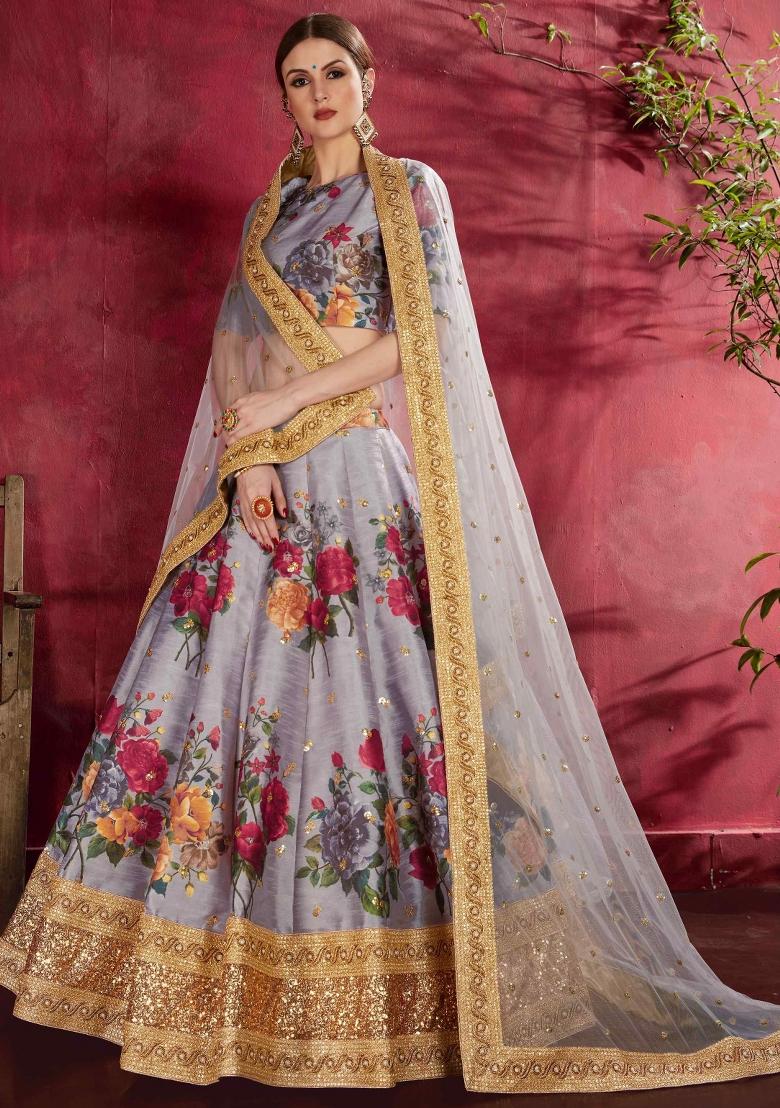 Grey Floral Print Silk Blend Lehenga Set - Indya