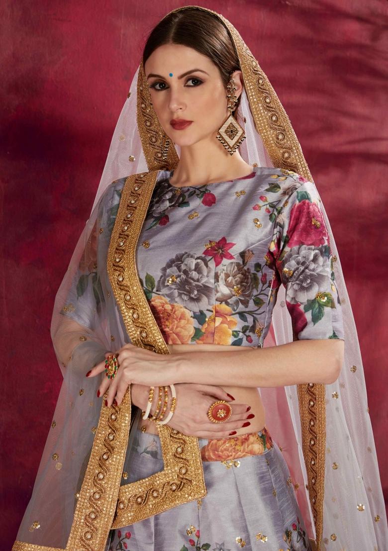 Grey Floral Print Silk Blend Lehenga Set - Indya