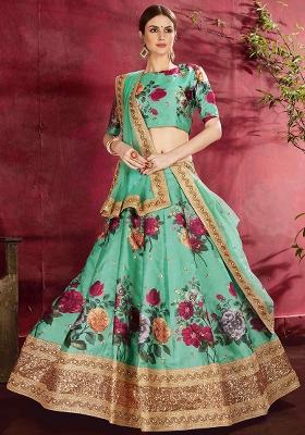 Light Green Floral Print Silk Blend Lehenga Set