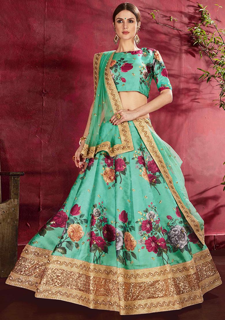 Light Green Floral Print Silk Blend Lehenga Set - Indya