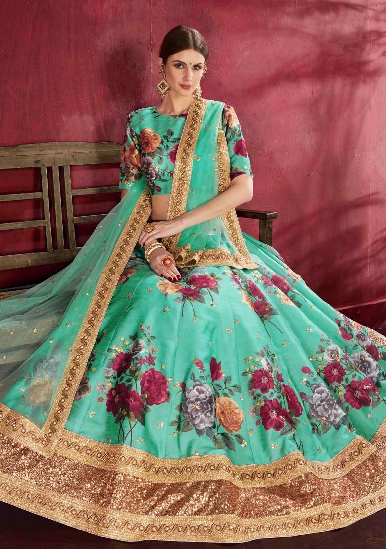 Light Green Floral Print Silk Blend Lehenga Set for Diwali and Festive Wear - Indya