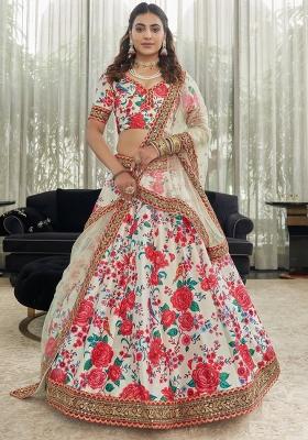 White And Red Printed Silk Blend Lehenga Set