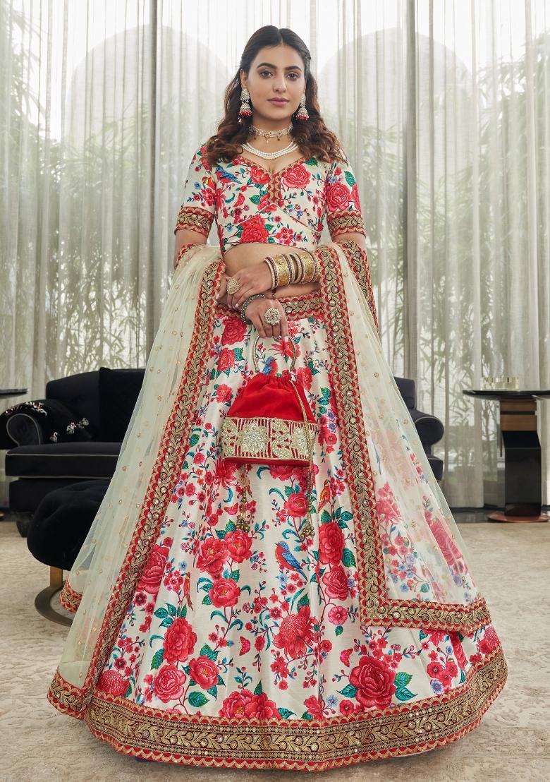 White And Red Printed Silk Blend Lehenga Set - Indya