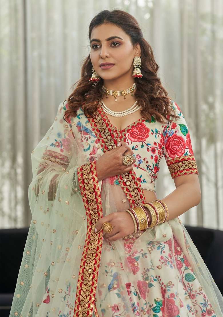 White And Red Printed Silk Blend Lehenga Set for Diwali and Festive Wear - Indya