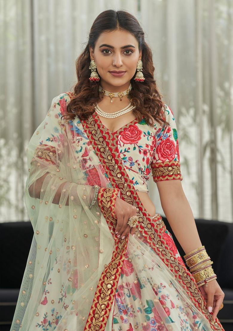 White And Red Printed Silk Blend Lehenga Set - Indya
