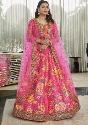 Pink Printed Silk Blend Lehenga Set