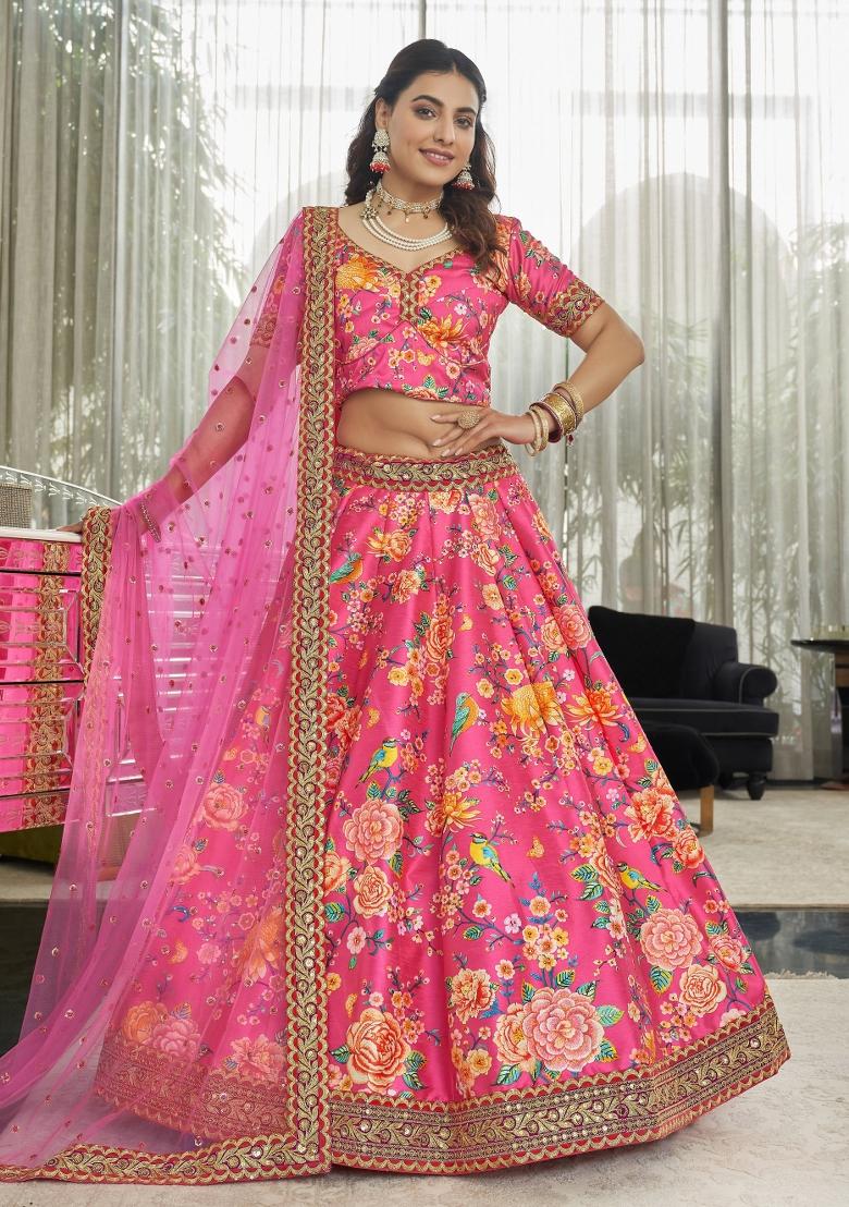 Pink Printed Silk Blend Lehenga Set - Indya
