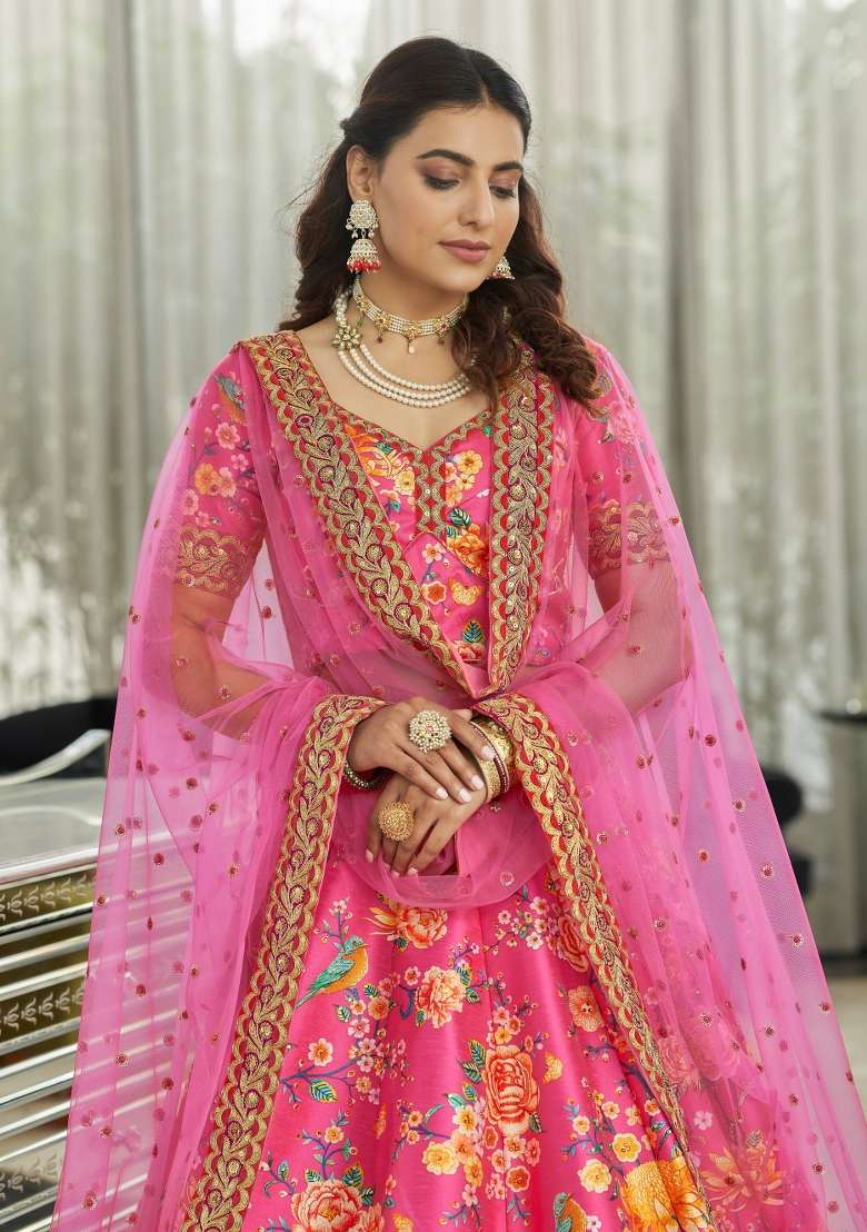 Pink Printed Silk Blend Lehenga Set - Indya