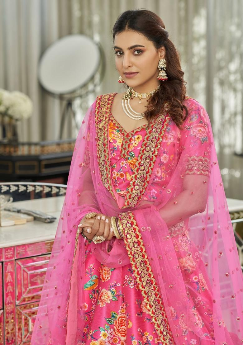 Pink Printed Silk Blend Lehenga Set - Indya