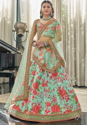 Pista Red Printed Silk Blend Lehenga Set