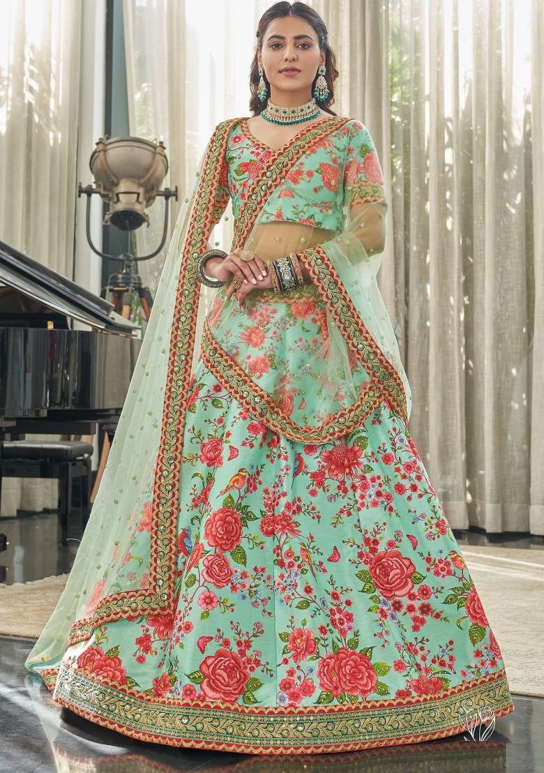 Pista Red Printed Silk Blend Lehenga Set for Diwali and Festive Wear - Indya