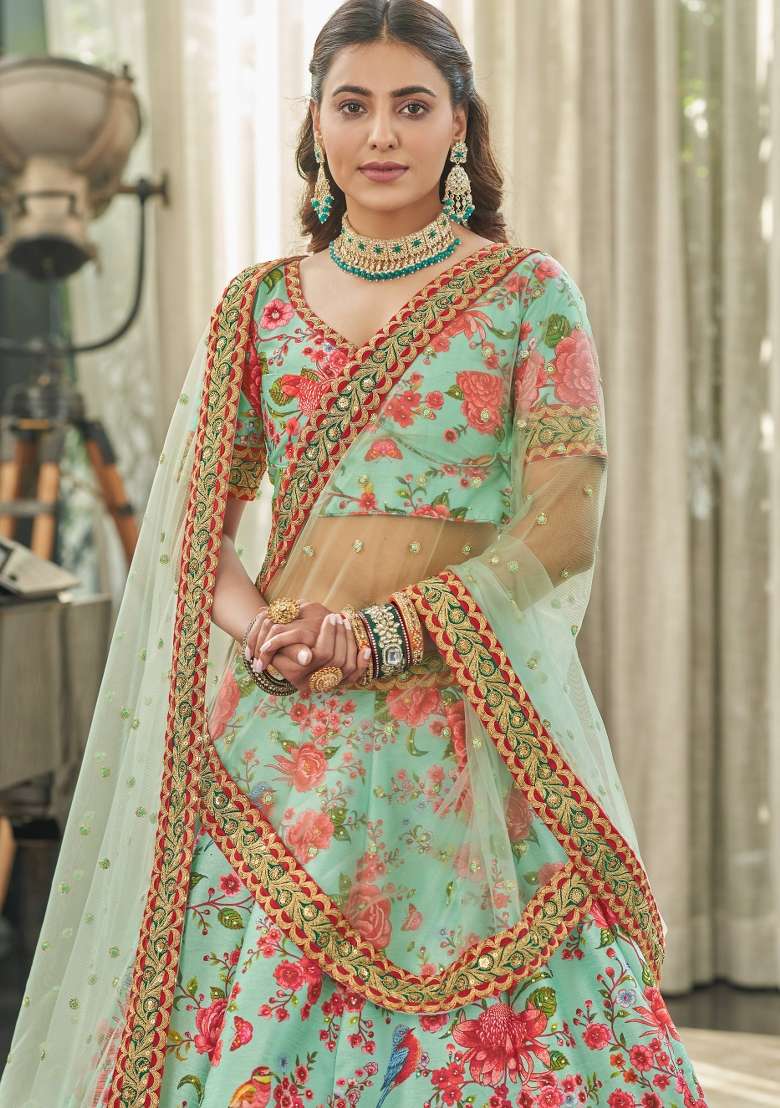 Pista Red Printed Silk Blend Lehenga Set for Diwali and Festive Wear - Indya