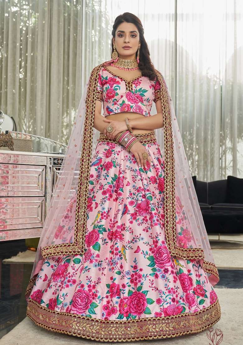 Light Pink Printed Silk Blend Lehenga Set - Indya