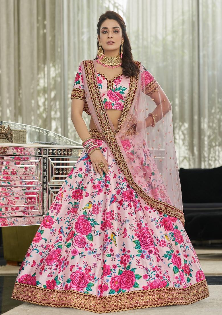 Light Pink Printed Silk Blend Lehenga Set - Indya
