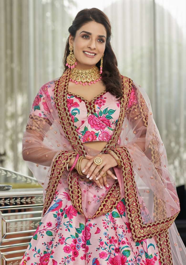 Light Pink Printed Silk Blend Lehenga Set - Indya