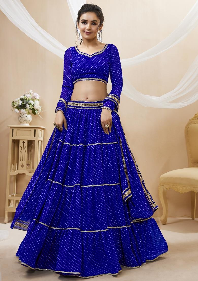 Blue Printed Georgette Lehenga Set - Indya