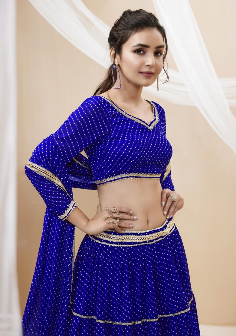 Blue Printed Georgette Lehenga Set - Indya