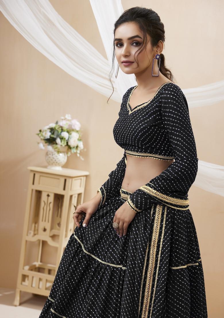 Black Printed Georgette Lehenga Set - Indya