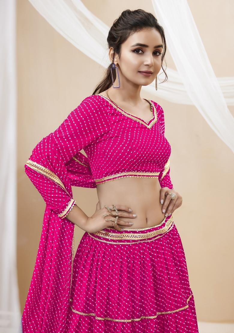 Rani Pink Printed Georgette Lehenga Set - Indya
