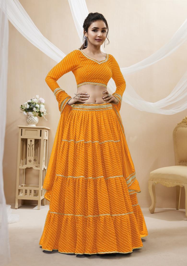 Orange Printed Georgette Lehenga Set - Indya