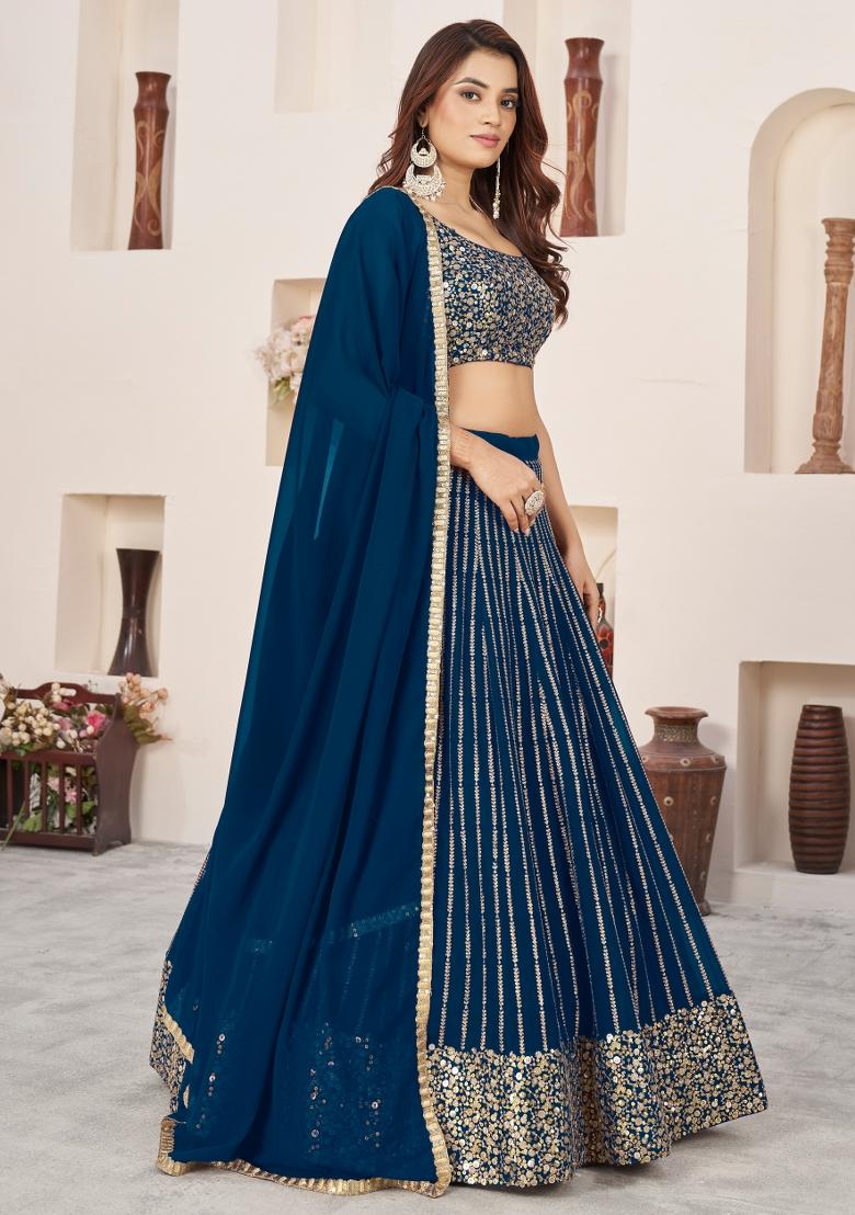 Blue Sequin Work Georgette Lehenga Set - Indya