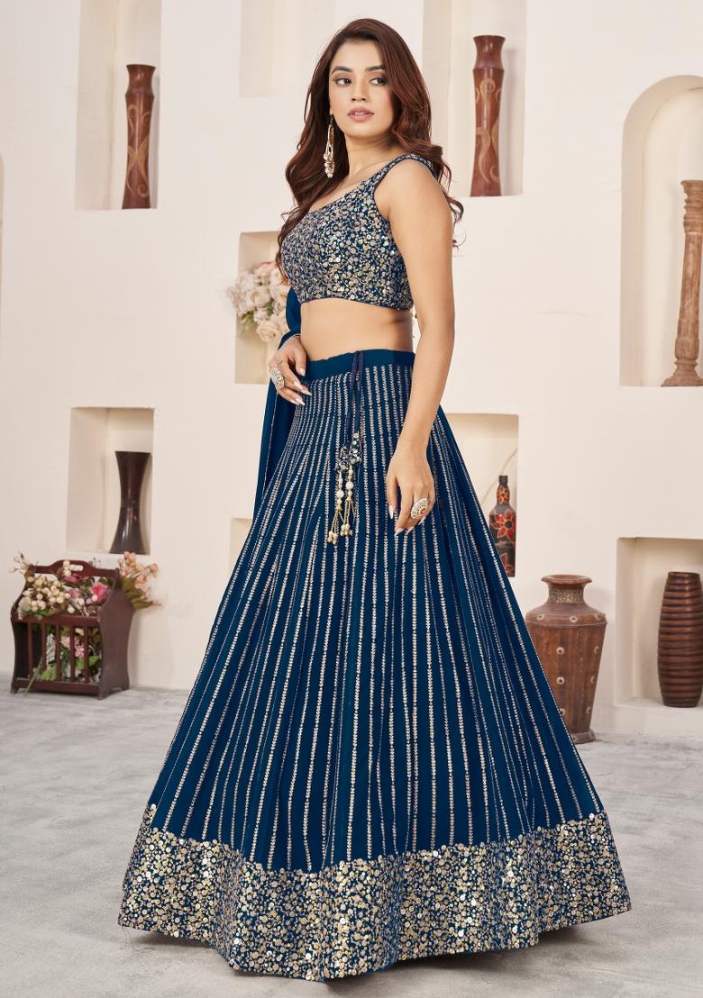 Blue Sequin Work Georgette Lehenga Set - Indya