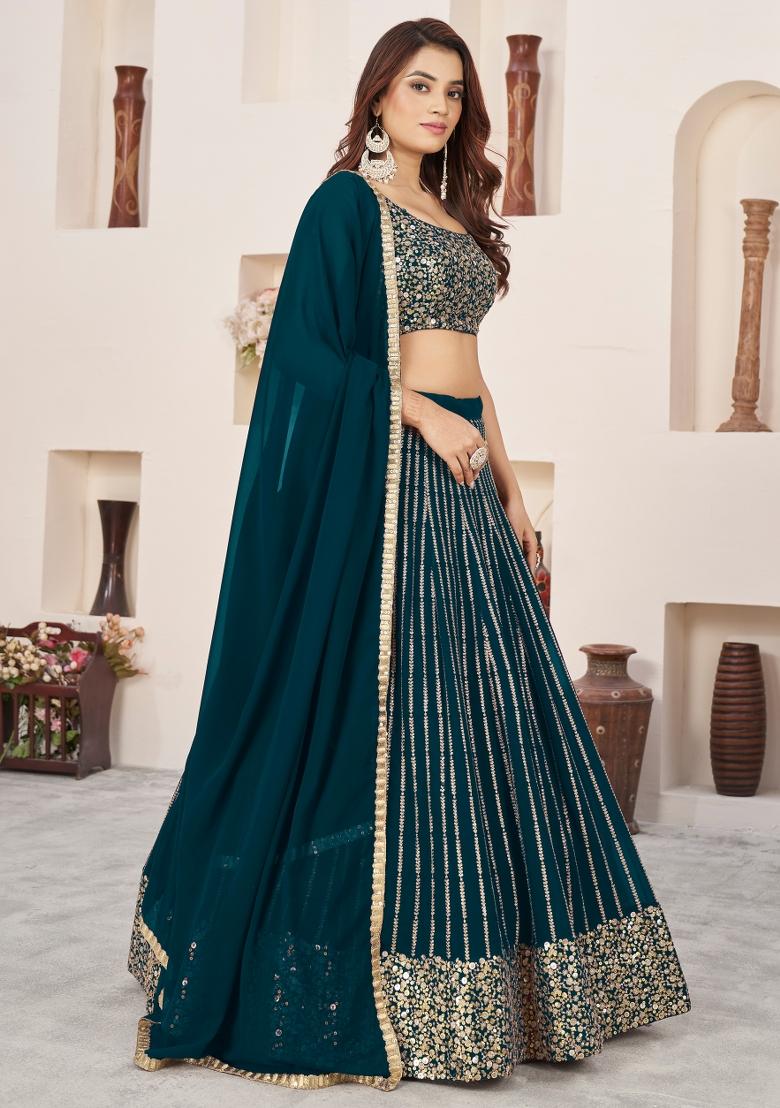 Green Sequin Work Georgette Lehenga Set - Indya